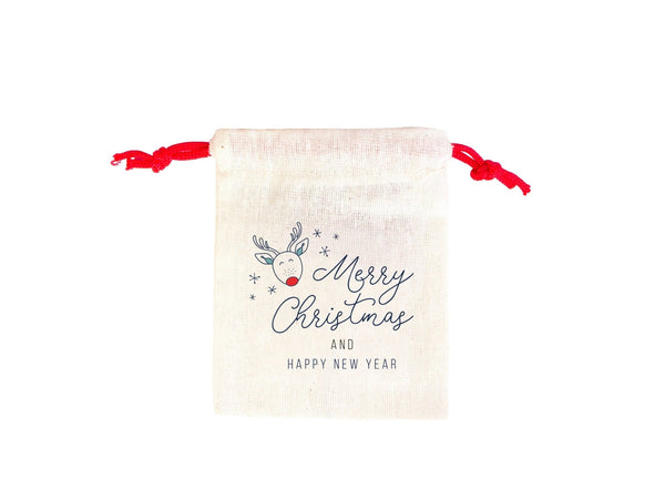 Merry Christmas Gift Pouches – Custom Printed Muslin Bags with Colorful Drawstrings — print detail | Pamusan