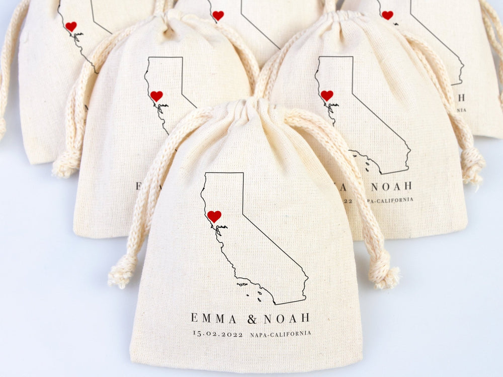 Napa Valley Wedding Favor Bags – Custom California Map Gift Pouch with Names & Date | Pamusan
