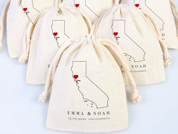 Napa Valley Wedding Favor Bags – Custom California Map Gift Pouch with Names & Date — custom print | Pamusan