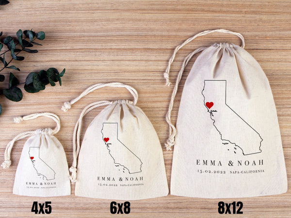 Napa Valley Wedding Favor Bags – Custom California Map Gift Pouch with Names & Date — custom print | Pamusan