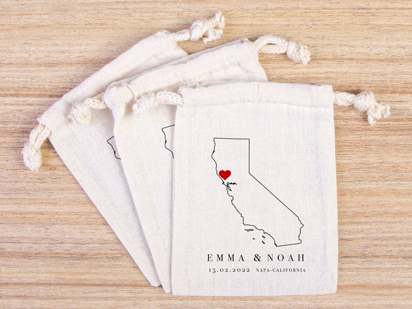 Napa Valley Wedding Favor Bags – Custom California Map Gift Pouch with Names & Date — custom print | Pamusan