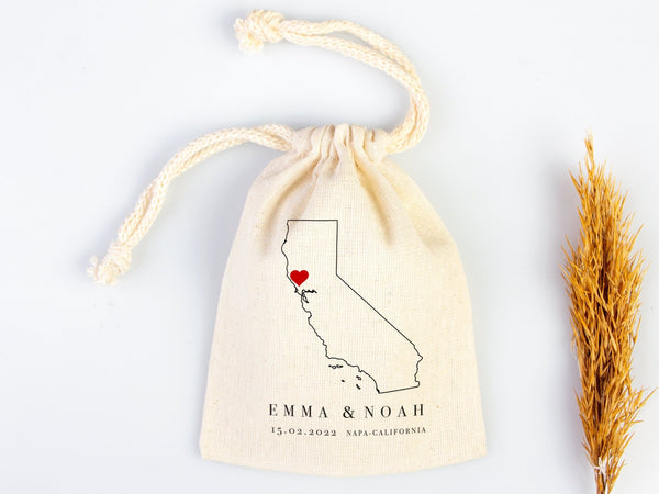 Napa Valley Wedding Favor Bags – Custom California Map Gift Pouch with Names & Date — custom print | Pamusan