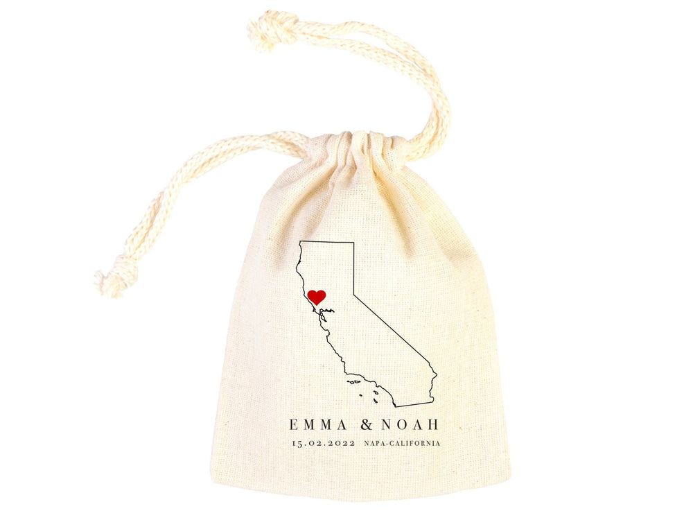 Napa Valley Wedding Favor Bags – Custom California Map Gift Pouch with Names & Date | Pamusan