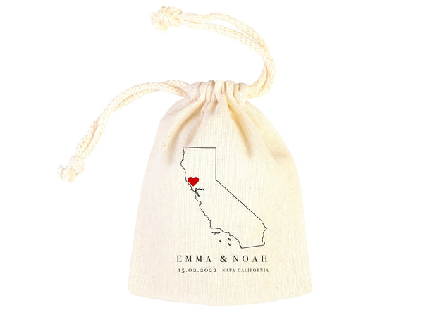 Napa Valley Wedding Favor Bags – Custom California Map Gift Pouch with Names & Date | Pamusan