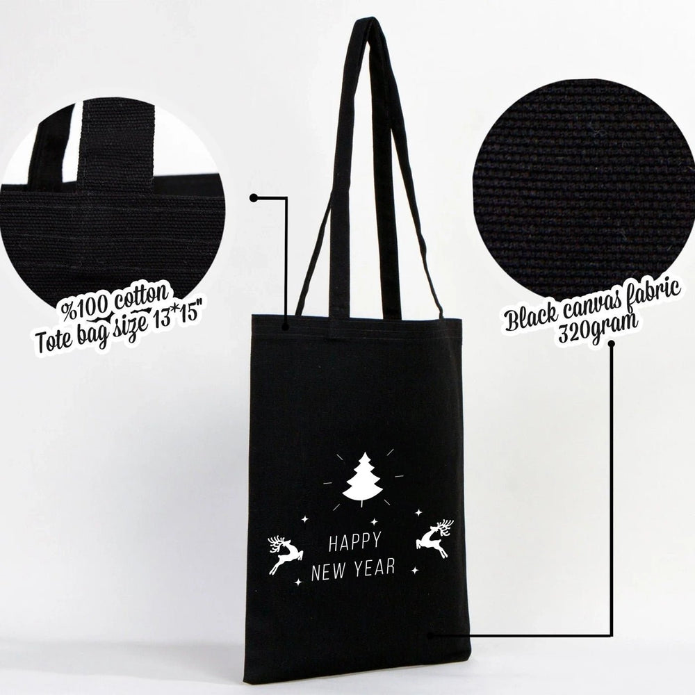 New Year Bags 14" × 16" (35 × 40 cm) – Black Canvas Tote with Custom Printed Holiday Designs - Pamusan.com