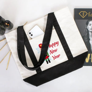 New Year Canvas Tote Bag 16" × 14" × 5" (40 × 35 × 12 cm) Black Handles – (18 Festive Designs) - Pamusan.com