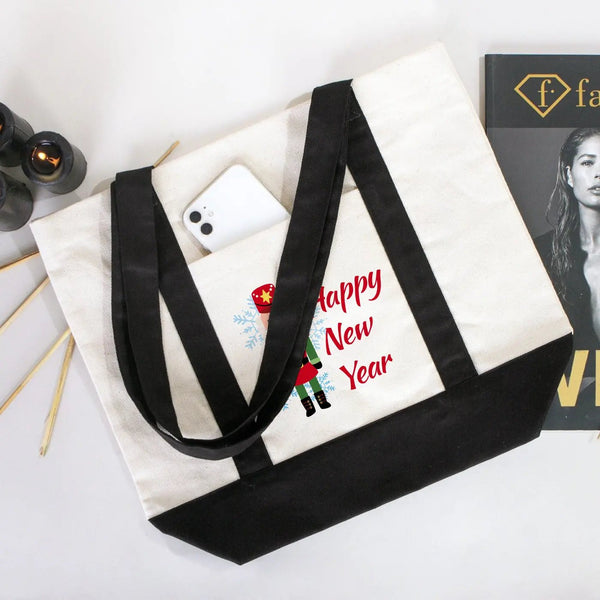 New Year Canvas Tote Bag 16" × 14" × 5" (40 × 35 × 12 cm) Black Handles – (18 Festive Designs) - Pamusan.com