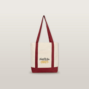 Canvas tas Nieuwjaar met voorvak – 9 ontwerpen Happy New Year 2027, shopper 40 × 35 × 12 cm met rode, zwarte of bordeauxrode accenten - Pamusan.nl