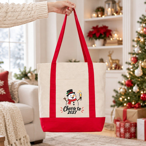 Canvas tas Nieuwjaar met voorvak – 9 ontwerpen Happy New Year 2027, shopper 40 × 35 × 12 cm met rode, zwarte of bordeauxrode accenten - Pamusan.nl