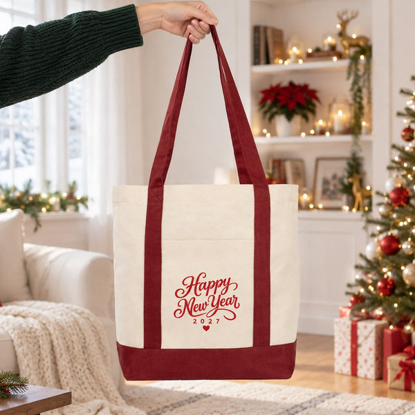 Canvas tas Nieuwjaar met voorvak – 9 ontwerpen Happy New Year 2027, shopper 40 × 35 × 12 cm met rode, zwarte of bordeauxrode accenten - Pamusan.nl