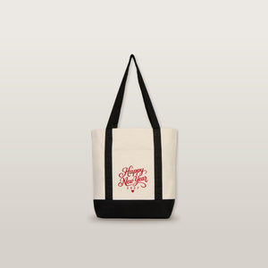 Canvas tas Nieuwjaar met voorvak – 9 ontwerpen Happy New Year 2027, shopper 40 × 35 × 12 cm met rode, zwarte of bordeauxrode accenten - Pamusan.nl