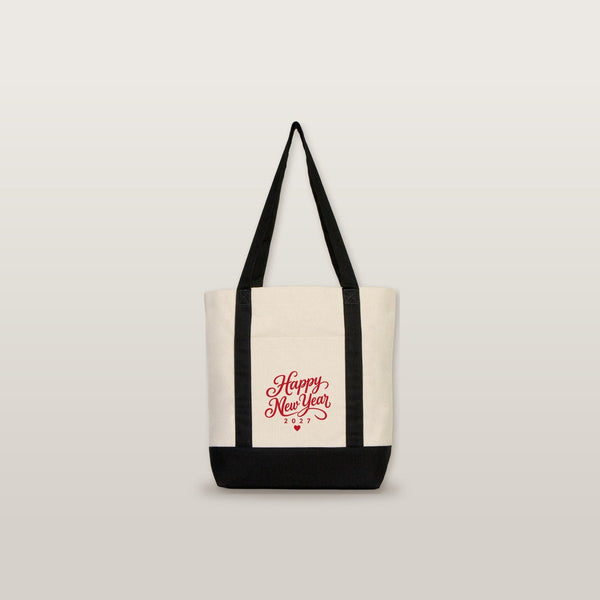 Canvas tas Nieuwjaar met voorvak – 9 ontwerpen Happy New Year 2027, shopper 40 × 35 × 12 cm met rode, zwarte of bordeauxrode accenten - Pamusan.nl