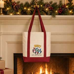 Canvas tas Nieuwjaar met voorvak – 9 ontwerpen Happy New Year 2027, shopper 40 × 35 × 12 cm met rode, zwarte of bordeauxrode accenten - Pamusan.nl