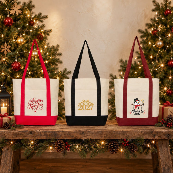 Canvas tas Nieuwjaar met voorvak – 9 ontwerpen Happy New Year 2027, shopper 40 × 35 × 12 cm met rode, zwarte of bordeauxrode accenten - Pamusan.nl