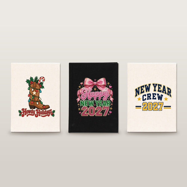 Nieuwjaar journal 2027 – A5 notitieboek met canvas omslag 14 × 20 cm, 9 ontwerpen Happy New Year 2027, naturel of zwart, 160 blanco pagina’s - Pamusan.nl