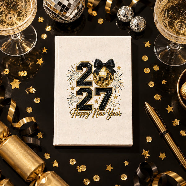 Nieuwjaar journal 2027 – A5 notitieboek met canvas omslag 14 × 20 cm, 9 ontwerpen Happy New Year 2027, naturel of zwart, 160 blanco pagina’s - Pamusan.nl