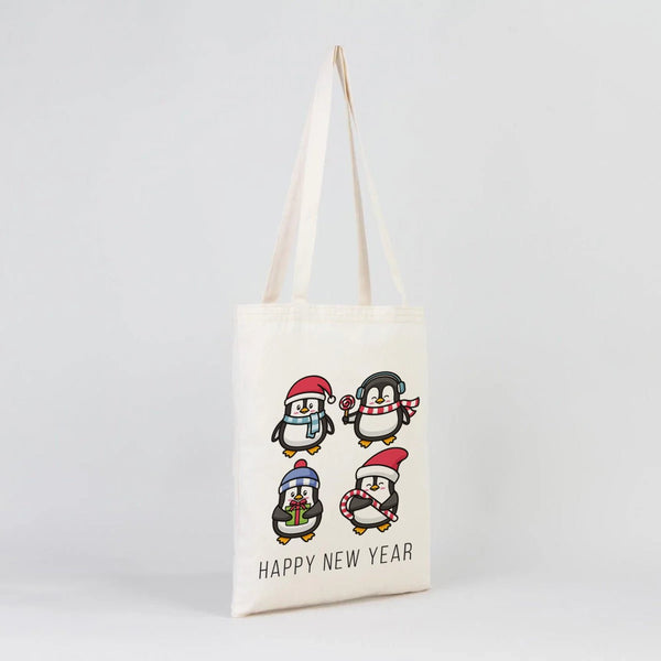 New Year Tote Bag – Natural Cotton Fabric with Cute Penguin Holiday Design - Pamusan.com