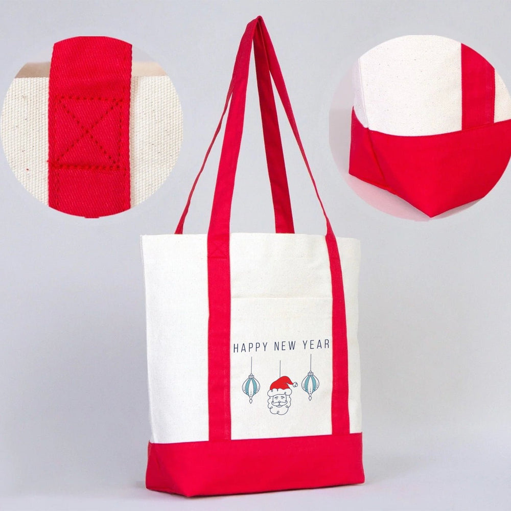 New Year Tote Bag 16" × 14" × 5" (40 × 35 × 12 cm) – Red & Natural Canvas with Holiday Print Options - Pamusan.com