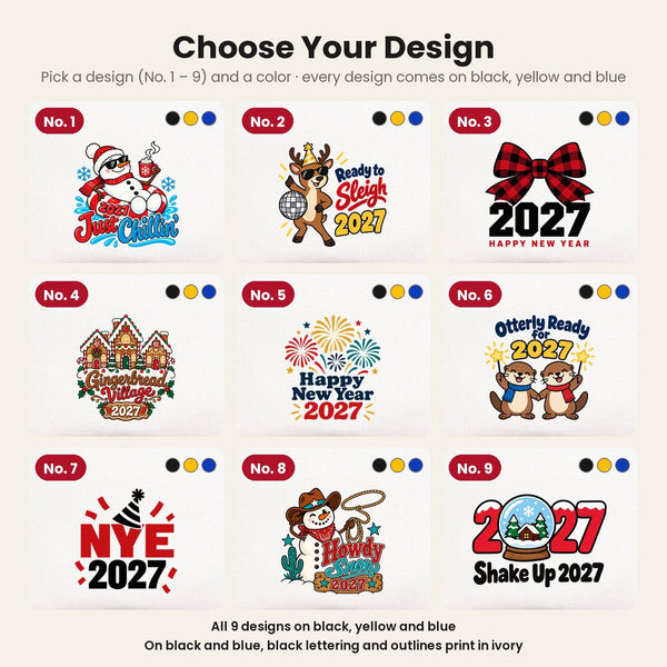 Oud en Nieuw cadeau – make-uptasjes met 9 ontwerpen Happy New Year 2027, clutch met rits 21 × 15 cm – katoenen gabardine - Pamusan.nl
