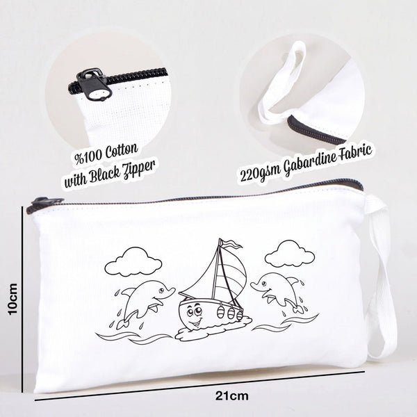 Paintable Pencil Case with Sailboat & Dolphin Design – 8" × 4" - 6 oz - Pamusan.com