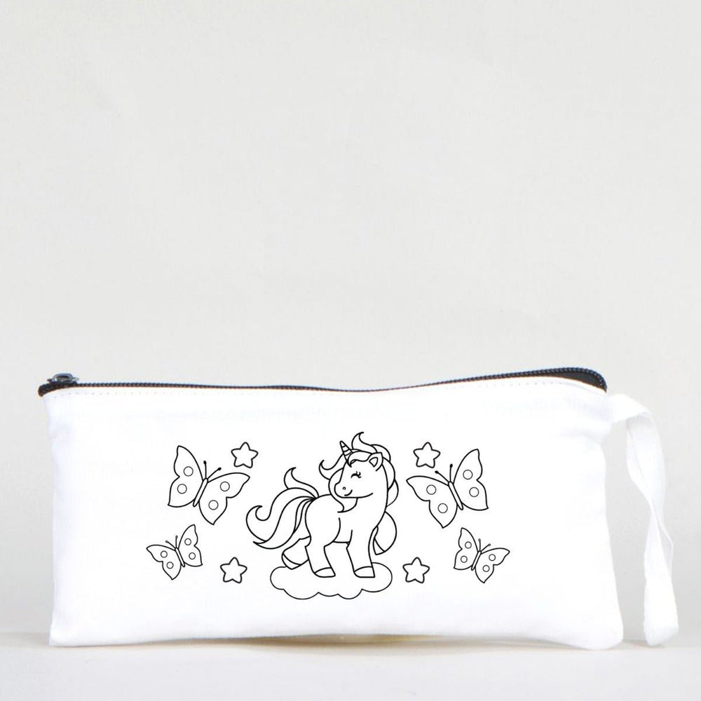 Paintable Pencil Case with Unicorn and Flying Butterflies Design – 8" × 4" - 6 oz - Pamusan.com