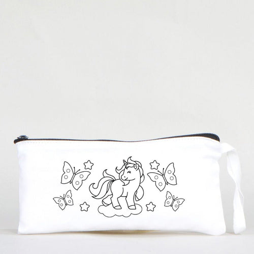 Paintable Pencil Case with Unicorn and Flying Butterflies Design – 8" × 4" - 6 oz - Pamusan.com