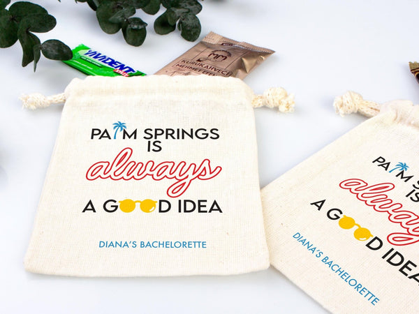Palm Springs Bachelorette Party Bags – Custom Cotton Pouches — print detail | Pamusan