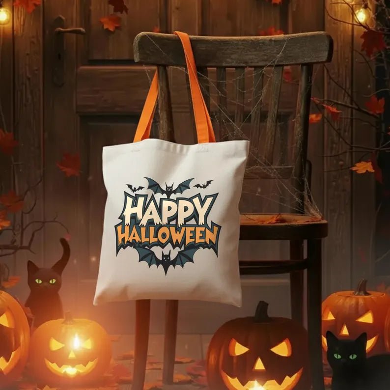 White tote bag with 'Happy Halloween' design featuring a pumpkin and witch hat, surrounded by Halloween decorations.