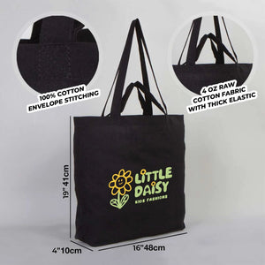 Black tote bag with 'Little Daisy' branding and measurements on a gray background