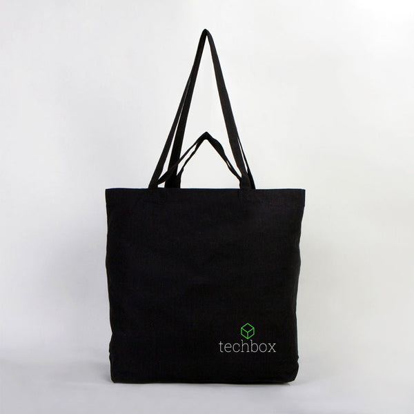 Black tote bag with 'techbox' logo on a white background