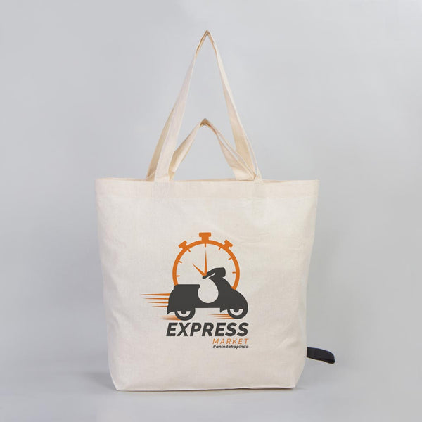 Beige tote bag with 'Express Market' logo on a gray background