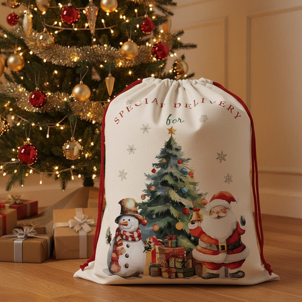 Personalized Santa sack with Special Delivery Christmas print in front of a decorated tree, 60x90 cm jumbo canvas gift bag