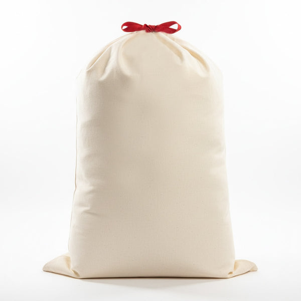 Natural cream canvas Santa sack with red drawstring bow, base ready for a custom Christmas print