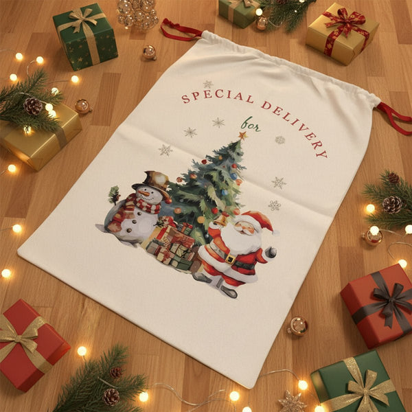 Personalized Christmas Santa sack flat lay with gifts and fairy lights, custom printed 320 gsm canvas