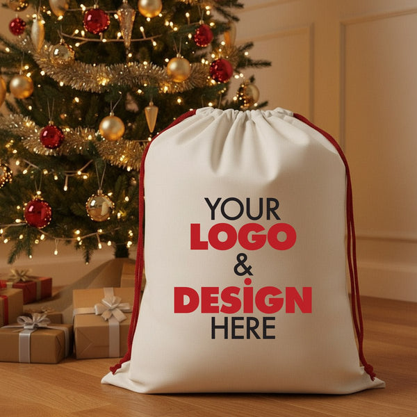 Custom Santa sack mockup showing Your Logo and Design Here, add your own logo or artwork