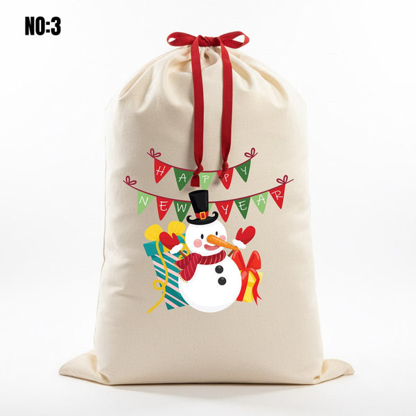 Personalized Santa sack design No:3, Happy New Year snowman and bunting print canvas gift bag