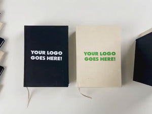 Personalized natural canvas notebook A5, hands showing cover with custom logo and print examples