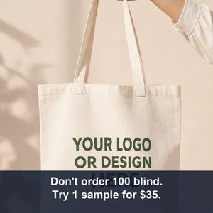 How ordering a printed sample works: pick any product, copy its link, paste it in the box, add to cart, email your logo — printed and shipped in 1-3 days, 35 dollars back on your bulk order