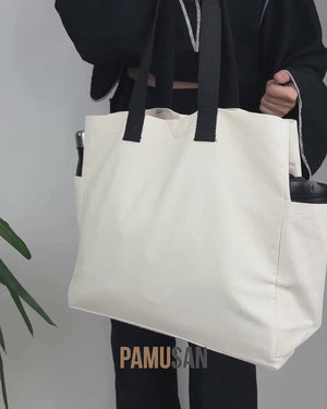 Katoenen tas onbedrukt 40 x 35 x 15 cm – twee zijvakken, lange zwarte hengsels, 15 cm bodemvouw – gabardine 450 g/m²