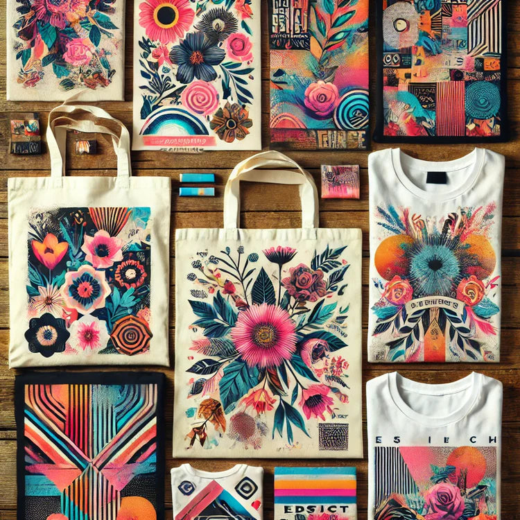 Katoenen tassen en t-shirts met bloemen- en grafische DTG prints op een houten ondergrond