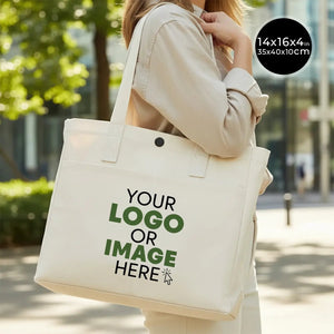 Printed Canvas LUX Tote Bag – Snap Button & Front Pockets – 18" × 16" × 4" (35 × 40 × 10 cm), Thick Fabric Weight: | Pamusan