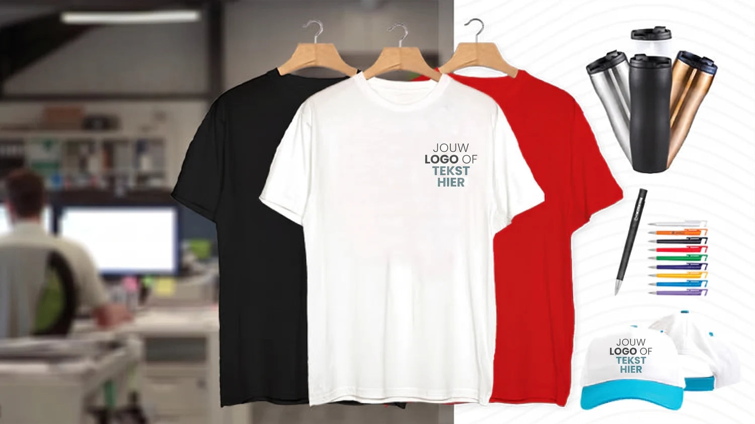 Bedrukte t-shirts, thermosbekers, pennen en pet met jouw logo of tekst