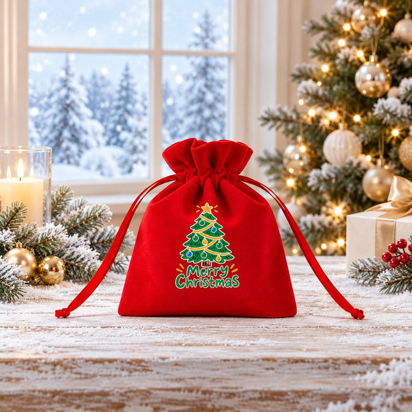 Klein cadeauzakje van rood fluweel, ontwerp Gezellige kerstdagen, voor een besneeuwd raam