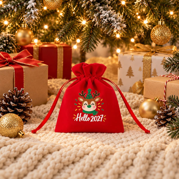 Rood fluwelen zakje met ontwerp IJspret op een gebreid plaid onder de kerstboom