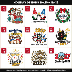 Ontwerpen Nr. 10 tot 18: IJspret, kerstpakket, foute kersttrui, Delfts blauw, Gourmetten!, Oliebollen!, nieuwjaar 2027, juf