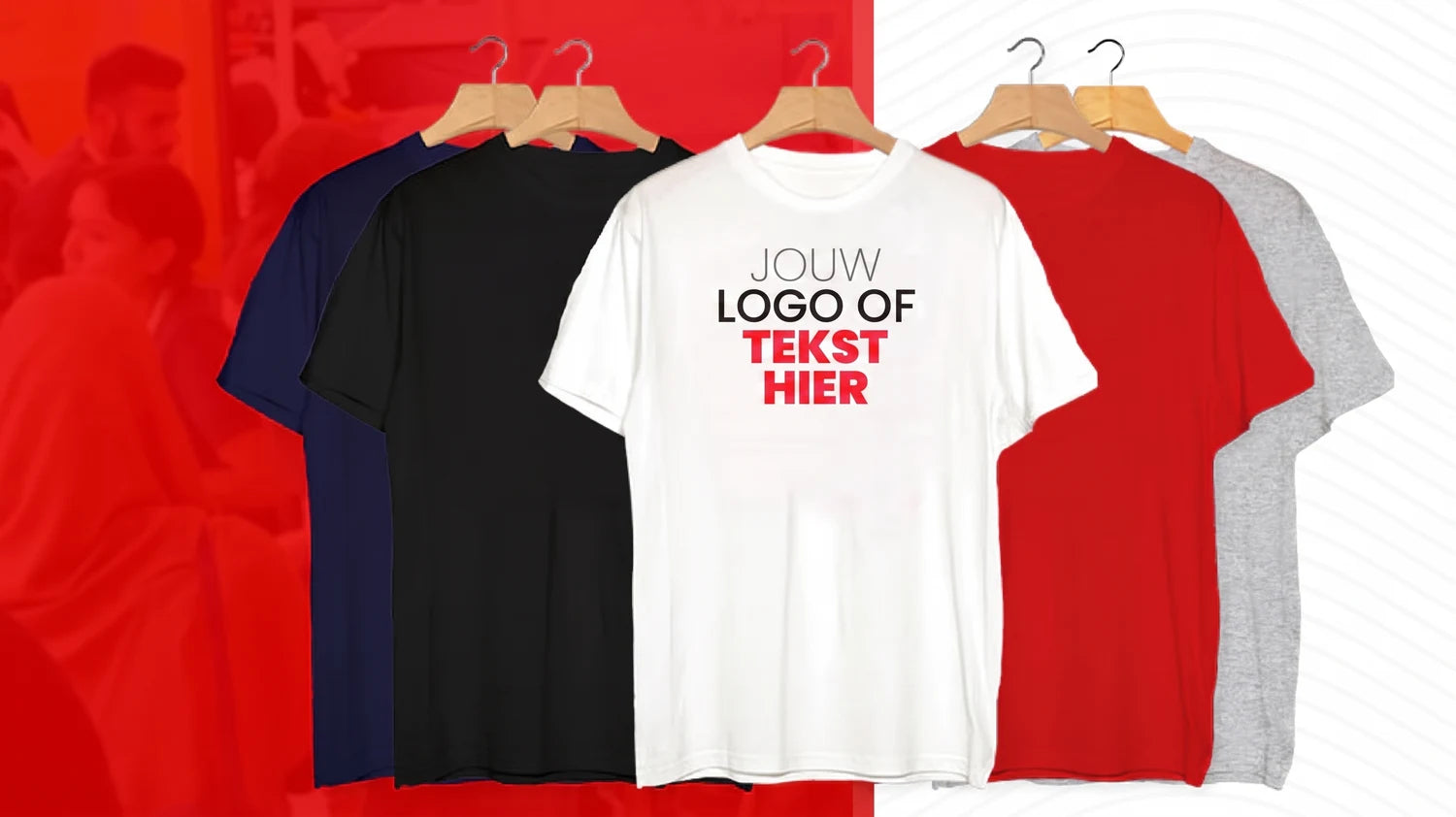 T-shirts met de tekst JOUW LOGO OF TEKST HIER, klaar om te bedrukken