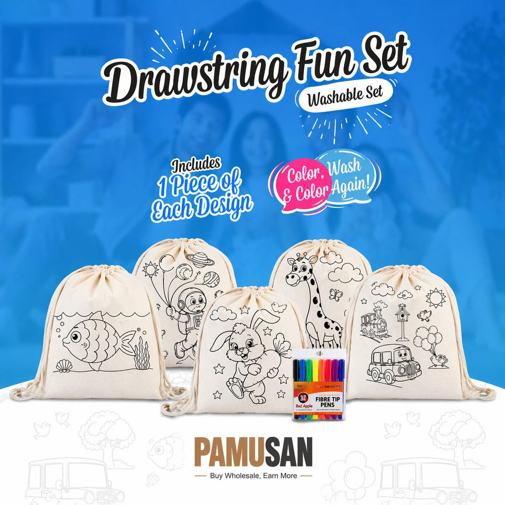 Washable Drawstring Fun Set | 5 Colorable Drawstring Bags 14"x16"+ 12 - Color Marker Set - Pamusan.com