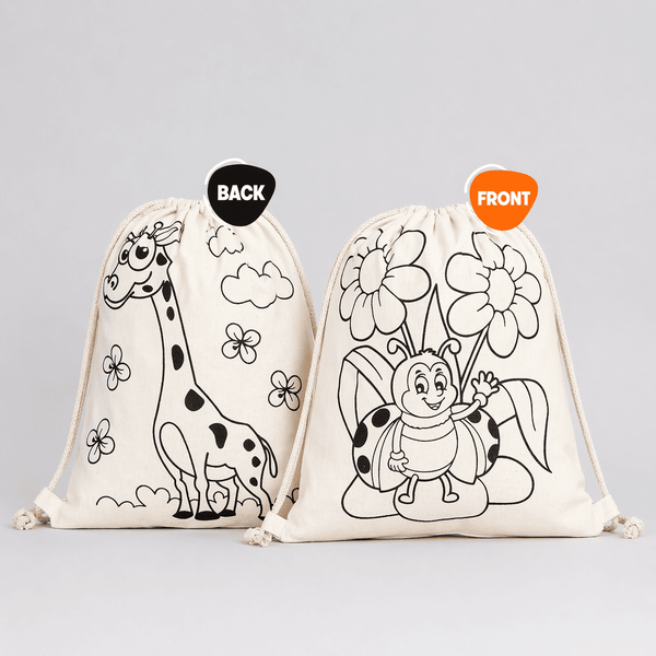 Washable Drawstring Fun Set | 5 Colorable Drawstring Bags 14"x16"+ 12 - Color Marker Set - Pamusan.com