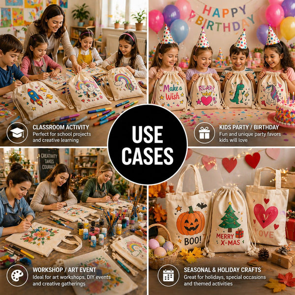 Washable Kids Coloring Tote Bag Set – 5 Reusable Cotton Bags, Pencil Case & 12 Color Markers - Pamusan.com