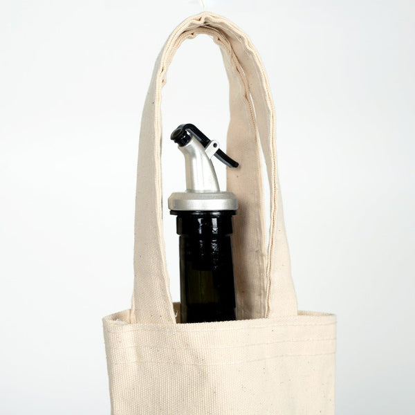 Beige tote bag with a wine bottle and bottle opener on a white background